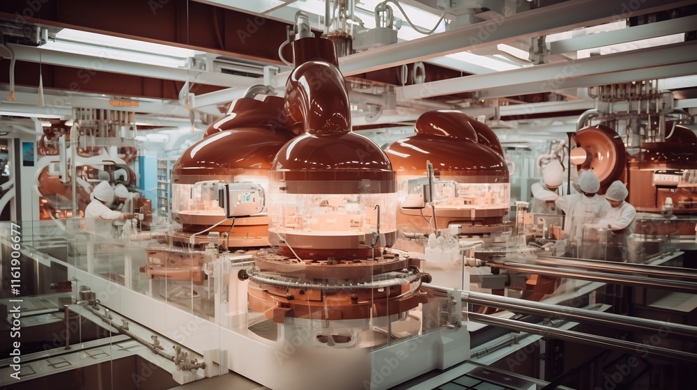 Aufkleber efficient and chocolate production in a brightly lit modern factory setting with precision engineere