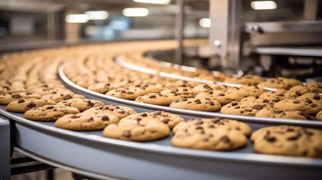 Closeup view of a conveyor belt carrying freshly baked golden brown cookies in an industrial bakery or production facility ready for packaging and distribution to consumers