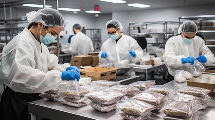 A team of workers efficiently assembling meal kits in a clean room environment for seamless delivery service  The image showcases the organized workflow and technology driven production process