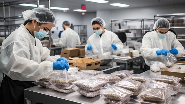 A team of workers efficiently assembling meal kits in a clean room environment for seamless delivery service  The image showcases the organized workflow and technology driven production process