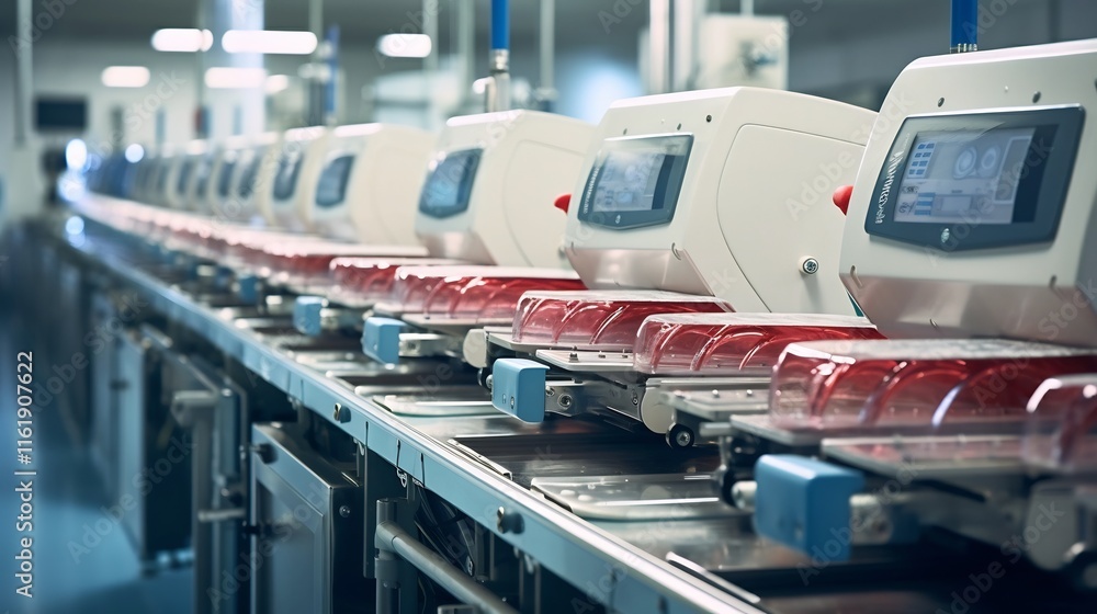 Poster rows of automated machines sealing and labeling processed seafood products in a modern streamlined m