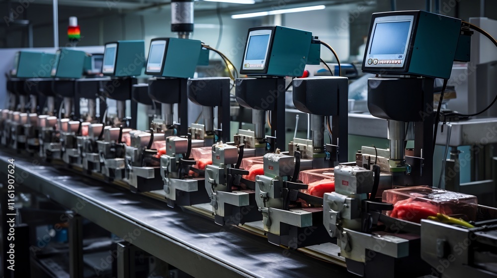 Aufkleber rows of automated machines sealing and labeling processed seafood products in an efficient industria