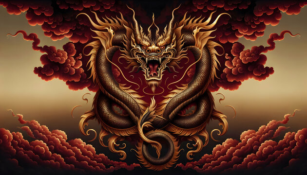 Chinese new year A symmetrical view of the dragon, with its body curving in a balanced arc, detailed with gold and br2