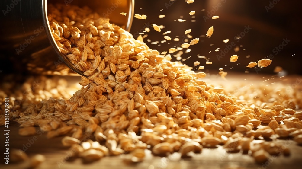 Poster close up of various grains such as wheat barley or oats being ground and processed into fine flour o