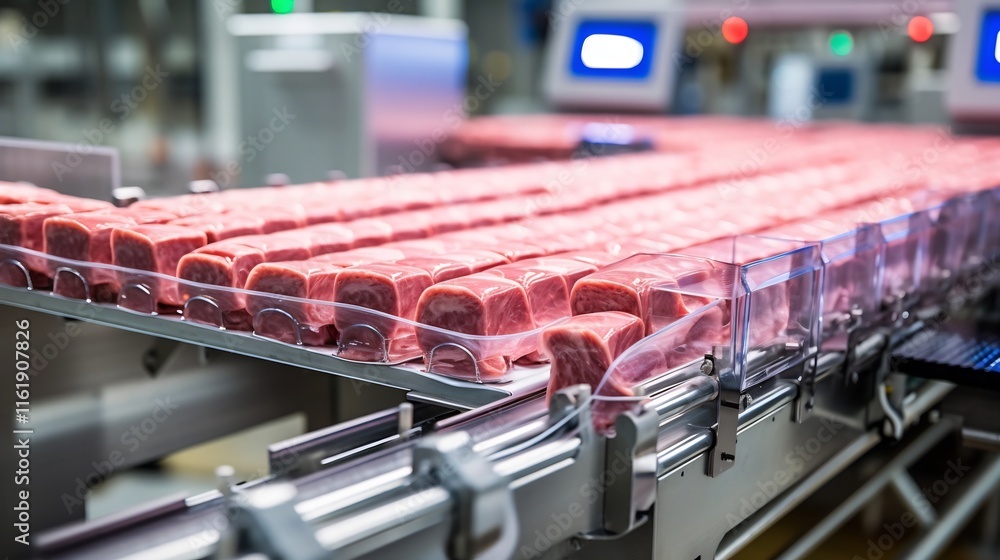 Poster automated conveyor belt system transporting finished processed meat products along the production li