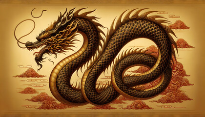 Fototapeta premium Chinese new year A side view of the dragon, showcasing its long body coiling and flowing, with detailed scales in gol1