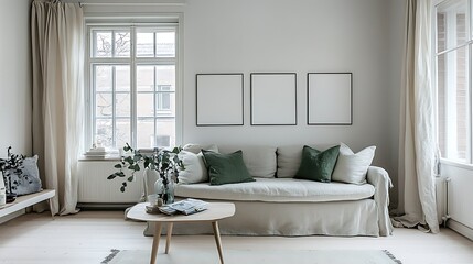 Minimalist living room interior with linen sofa, three frames, and natural light.
