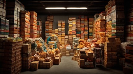 Neatly Organized Storage Room with Crates of Processed Food Products Arranged on Shelves  Industrial Warehouse Facility Inventory of Packaged Goods and Supplies