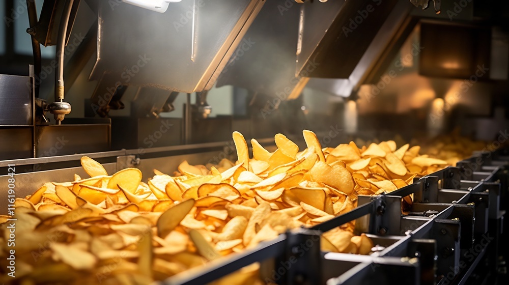 Aufkleber detailed close up view of automated machines forming frying and processing snack chips in an industr