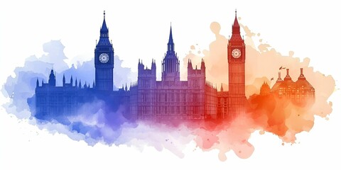 Obraz premium European landmarks watercolor art concept. City skyline illustration featuring iconic buildings in blue and red hues.