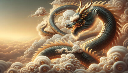 Fototapeta premium Chinese new year A close-up view of the dragon’s body, showcasing the flowing lines of its scales in gold and brown, 1 
