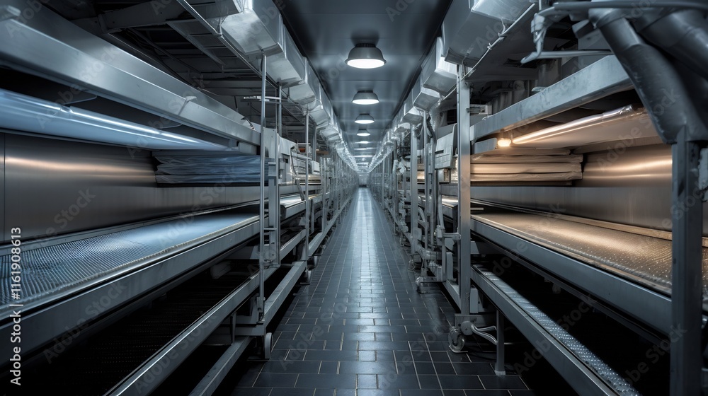 Poster freezing tunnel conveyor system transporting trays of food products through an automated industrial 