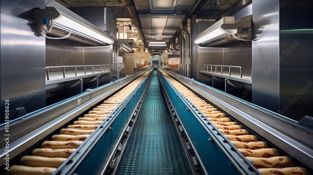 Poster freezing tunnel conveyor system transporting trays of food products through an automated industrial 