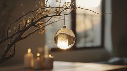 A Christmas tree ornament hangs from a branch