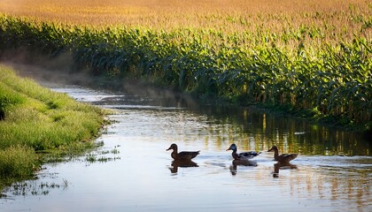 Two Ducks Strolling by a Stream Near a Cornfield