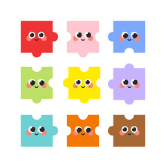 Obraz premium Colorful jigsaw puzzle pieces cartoon character collection. Education, game, toy, brainstorm concepts. Flat decorative vector design isolated illustration.
