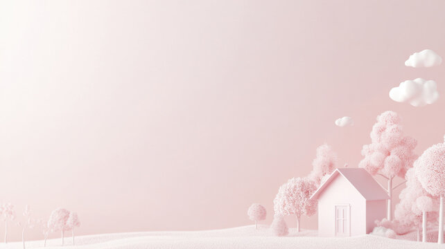 delightful house in pink color scheme sits amidst fluffy clouds and serene trees, creating whimsical and dreamy landscape