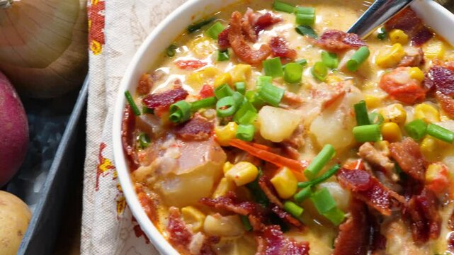 Cooking Corn Chowder for a week night meal. Preparing dinner with lots of ingredients like corn, cream, bacon, potatoes and onions.  Sizzling bacon in a skillet.