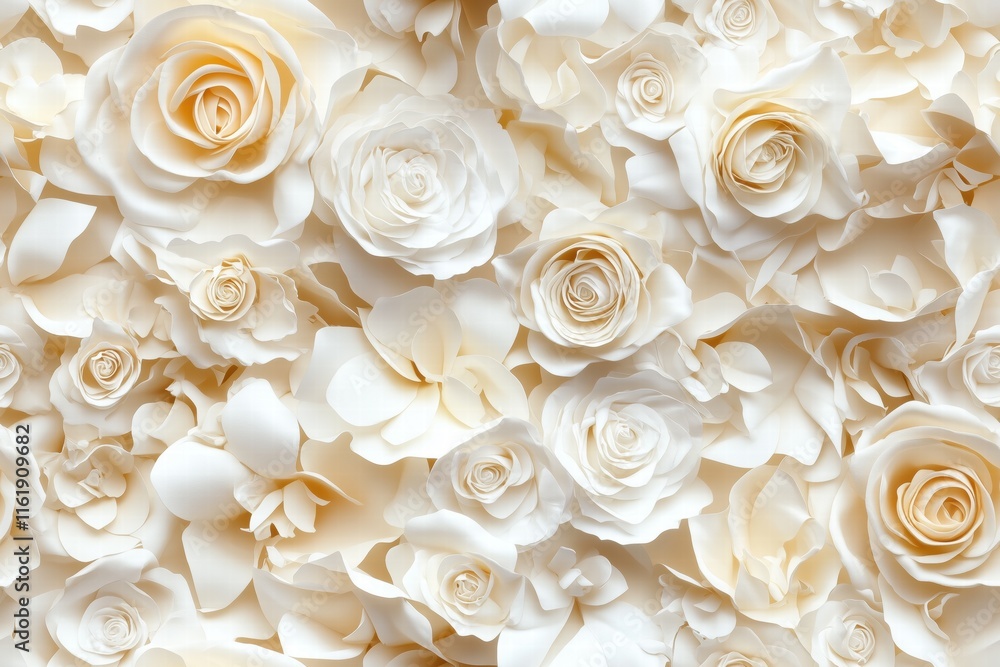 Poster seamless beautiful arrangement of white and cream paper roses, creating a soft and elegant floral ba