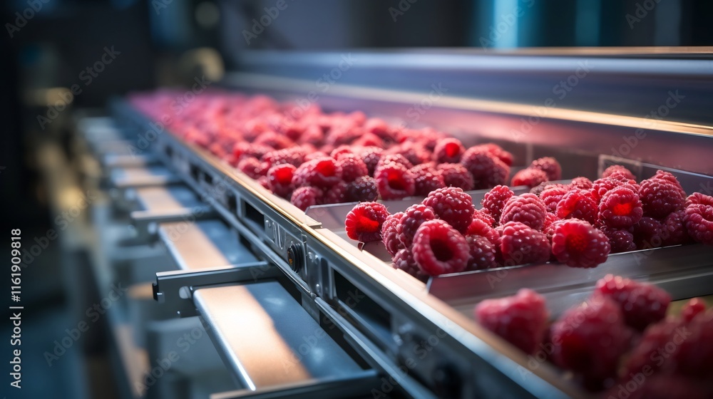 Poster automated process of frozen berries being transported on a conveyor belt and entering packaging mach