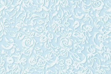 Seamless delicate floral lace pattern on a light blue background, featuring intricate swirls and rose motifs, creating a soft and elegant texture. Wedding texture background.