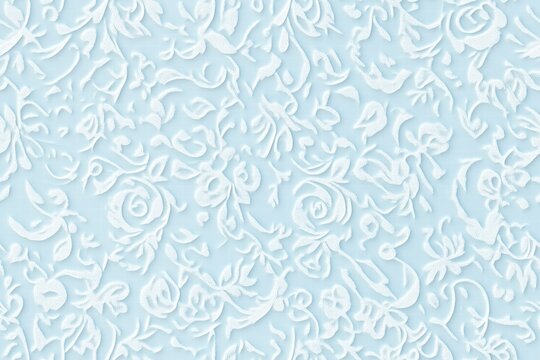 Seamless delicate floral lace pattern on a light blue background, featuring intricate swirls and rose motifs, creating a soft and elegant texture. Wedding texture background. - Powered by Adobe