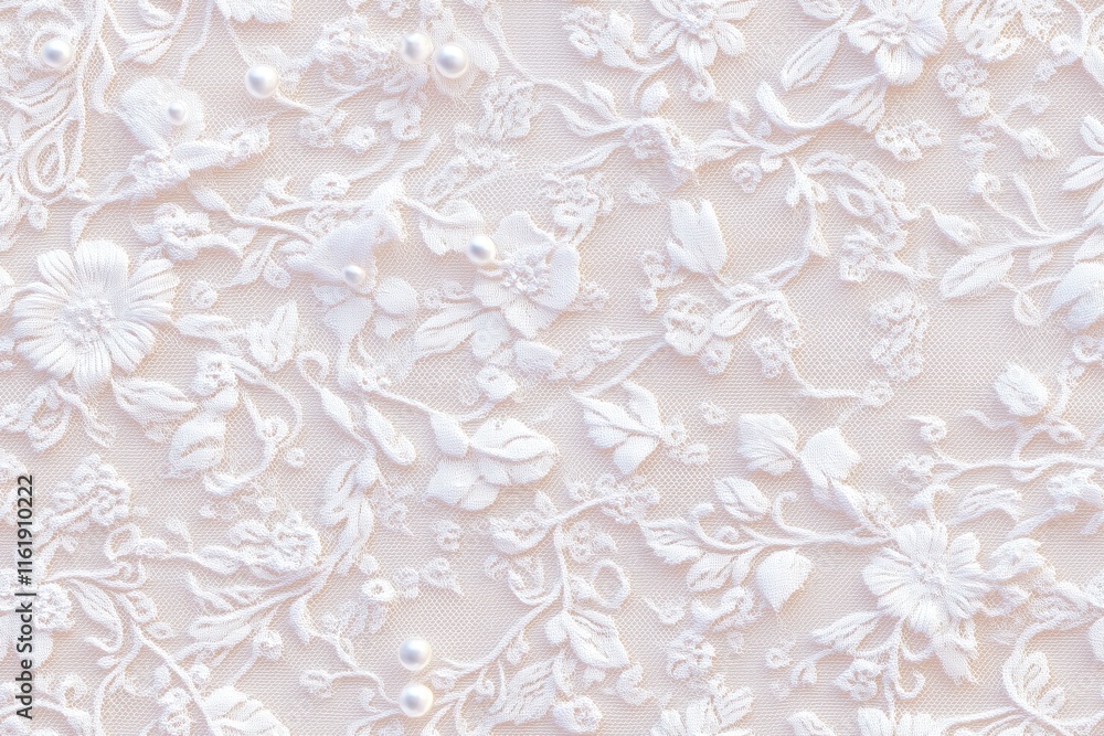 Poster seamless intricate white lace fabric featuring floral patterns and small pearls embedded within the 