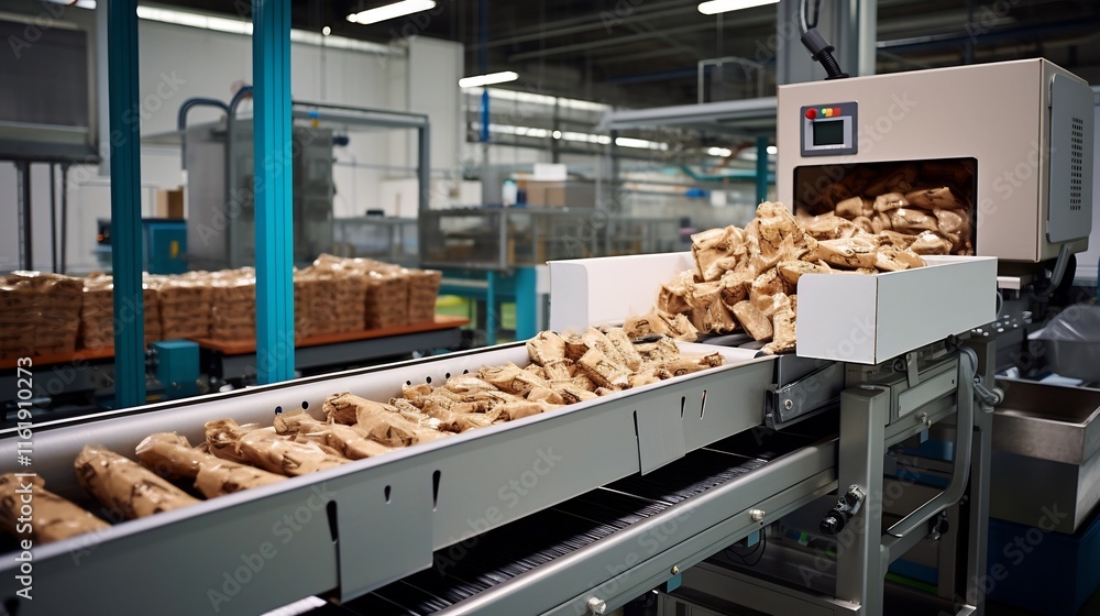 Aufkleber an automated system sorting and packaging frozen snacks into organized boxes for seamless distributi