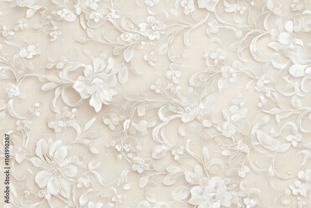 Poster seamless delicate lace fabric featuring intricate floral patterns in white on a soft beige backgroun