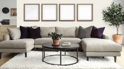Modern living room interior design with sectional sofa, coffee table, rug, pillows, plant, and empty picture frames on wall.