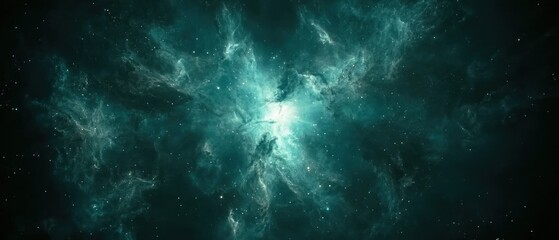 Fototapeta premium Teal nebula with bright core, cosmic dust and stars.