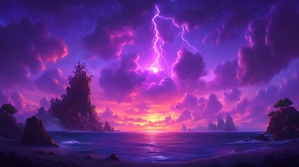 Purple Sunset Storm Over Coastal Castle Landscape