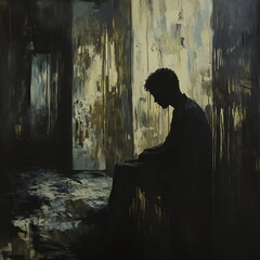 Obraz premium Solitary Man in Dimly Lit Urban Alley Brooding and Introspective Figure Silhouetted Against Gritty Backdrop