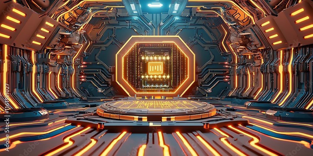 Poster futuristic high-tech cyber environment with neon lights and circuit patterns showcasing a central pl