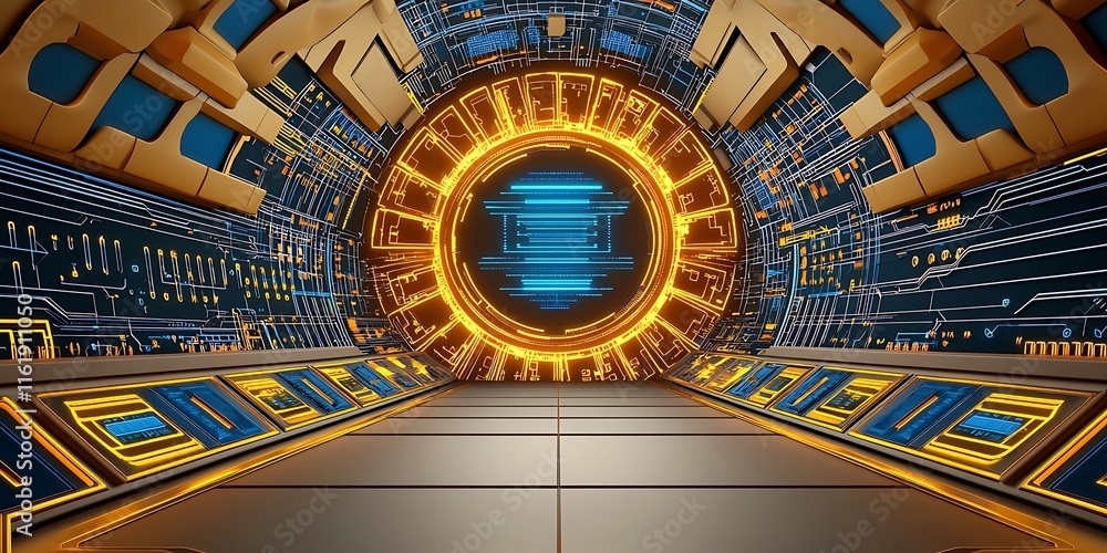 Poster futuristic sci-fi tunnel with glowing circular portal and intricate tech patterns, showcasing high-t