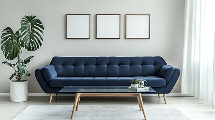Modern living room interior with blue sofa, coffee table, plant, and three empty frames on the wall.