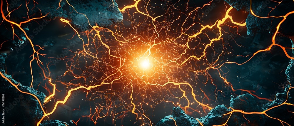 Poster stunning abstract art of pulsating energy and vibrant lightning spread across a dark cosmic backgrou