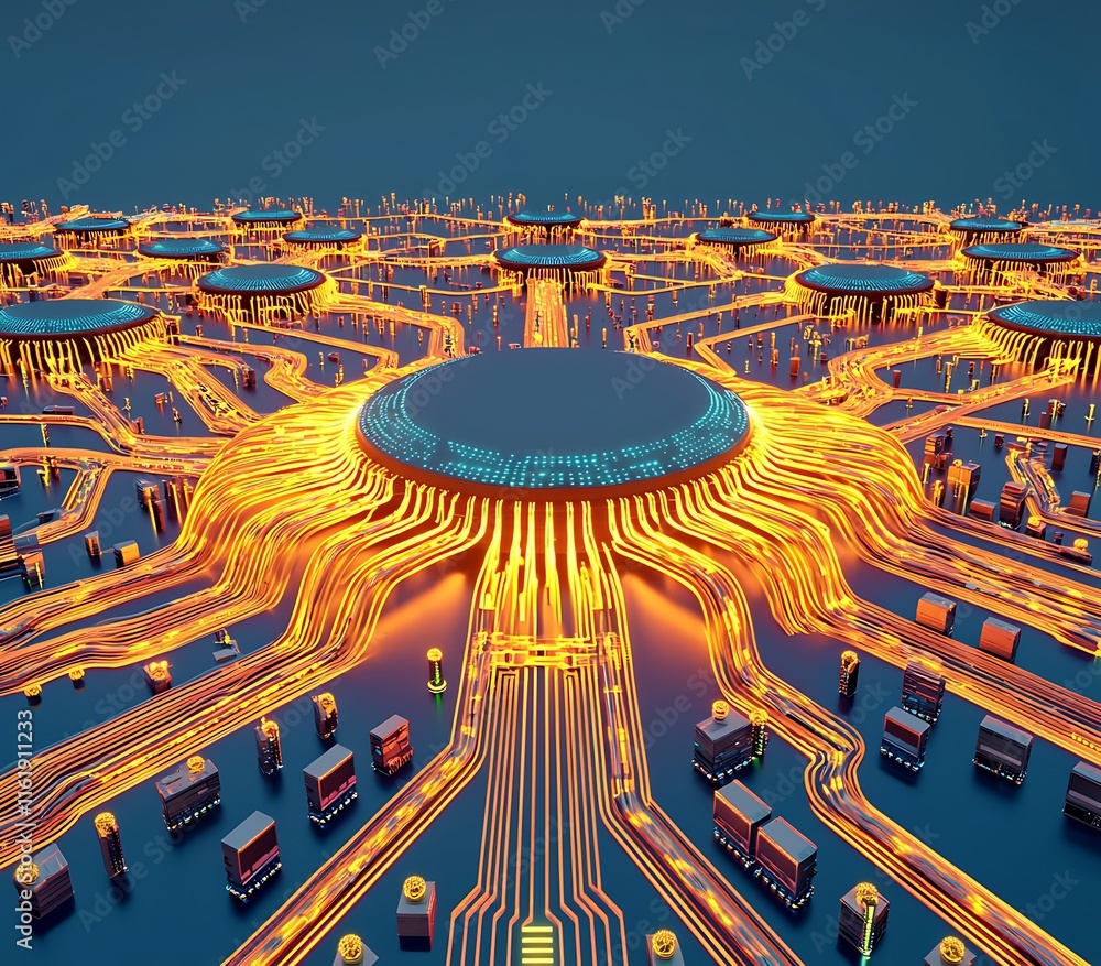 Poster futuristic digital landscape featuring intricate circuitry design and glowing data pathways with aes