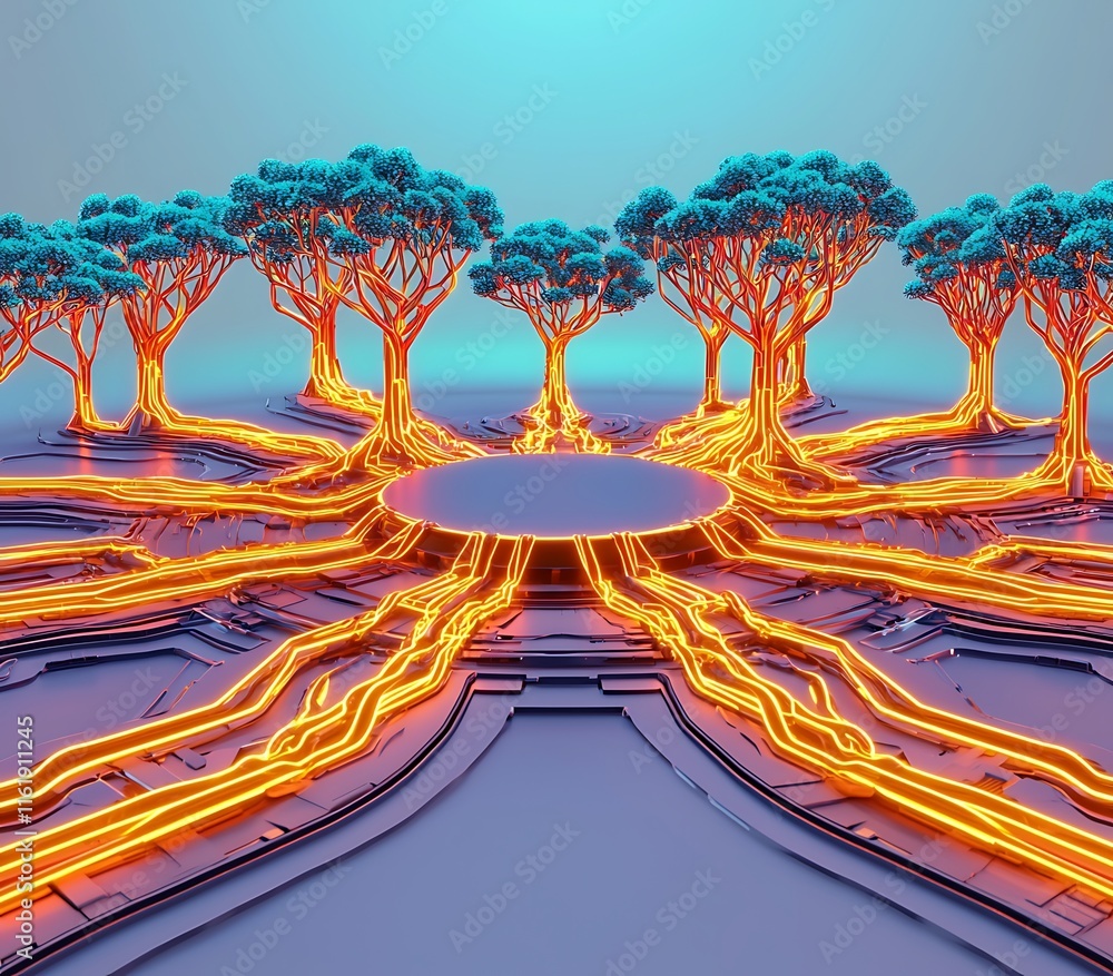 Poster digital concept of a futuristic forest with glowing trees and electric roots creating an enchanted a