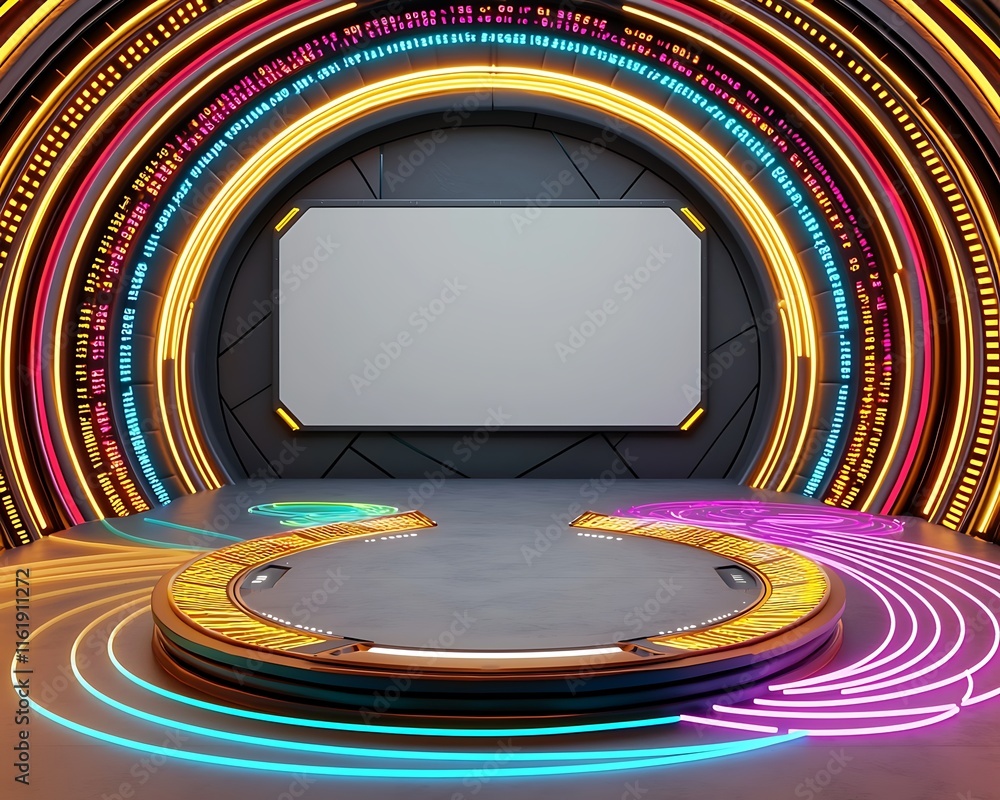 Poster futuristic stage setup with dynamic neon lights and blank screen for presentations in a virtual envi