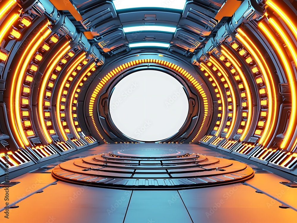 Poster futuristic sci-fi tunnel with bright orange lights and circular portal designed for advanced space t