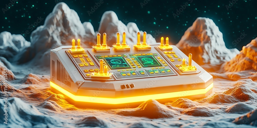 Poster futuristic control panel with glowing interfaces set against a surreal alien landscape with mountain