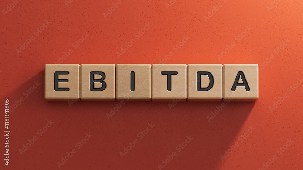 Poster wooden cube block with ebitda business word.close up of wooden elements,business concept.3d renderin