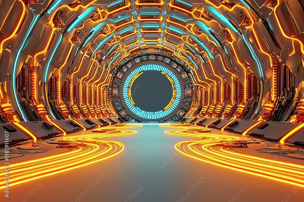 Aufkleber futuristic sci-fi corridor with glowing neon lights and circular portal, ideal for technology and sp