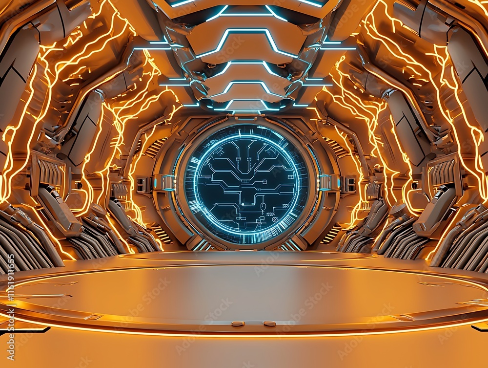 Poster futuristic sci-fi interior with neon lights, circular display, and high-tech architecture in a high-