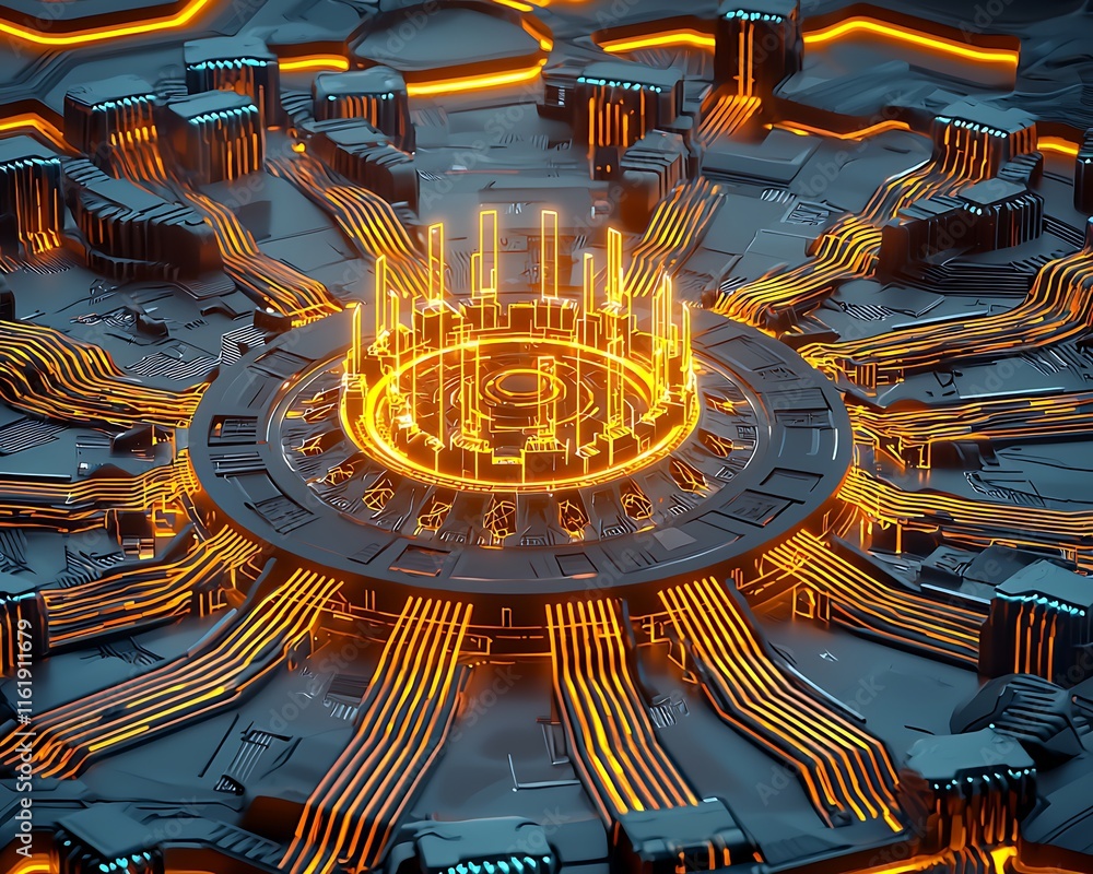 Poster futuristic technology background with neon circuit board design featuring vibrant orange light patte