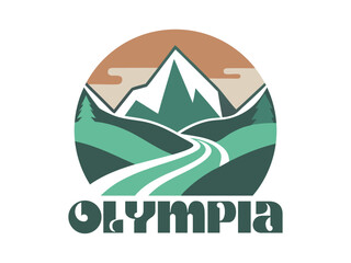 Colorful logo design of Olympia featuring a mountain landscape.