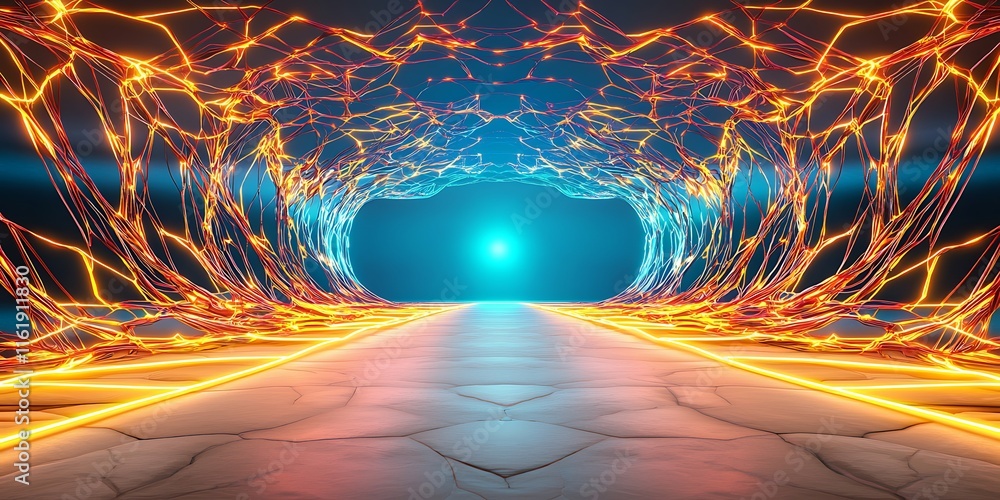 Poster abstract glowing tunnel with vibrant orange and blue light trails creating a dynamic and futuristic 