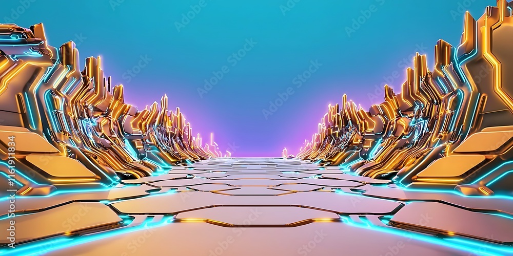 Poster futuristic digital landscape with glowing edges and vibrant colors creating a sci-fi atmosphere for 