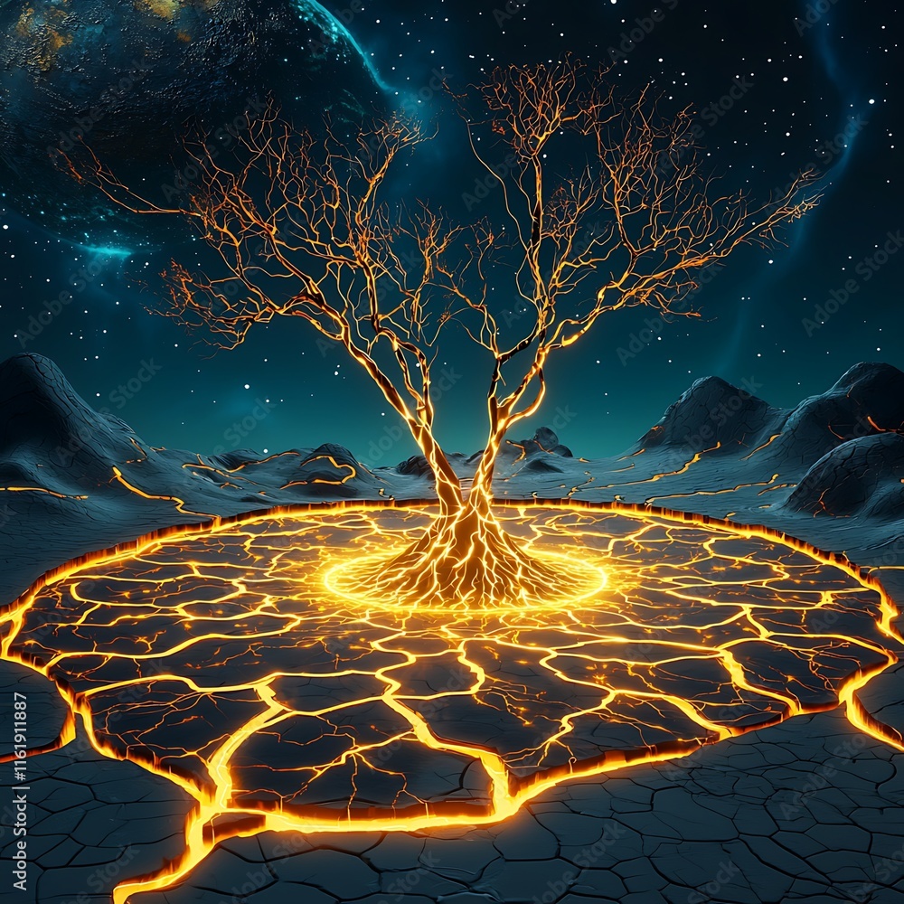Poster ethereal tree emerging from fiery ground with cosmic background in a surreal landscape of lava and s
